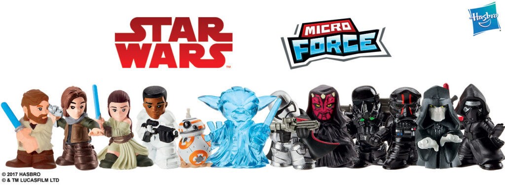 An ad for Hasbro's Star Wars Micro Force figures shows Obi-Wan Kenobi, Jyn Erso, Rey, Finn, BB-8, Yoda, Captain Phasma, Darth Maul, a death trooper, a TIE fighter pilot, the Emperor, and Kylo Ren in a lineup.