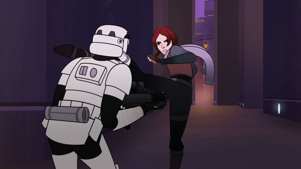 Jyn Erso fights off a stormtrooper with a flying kick to the face in Star Wars Forces of Destiny.