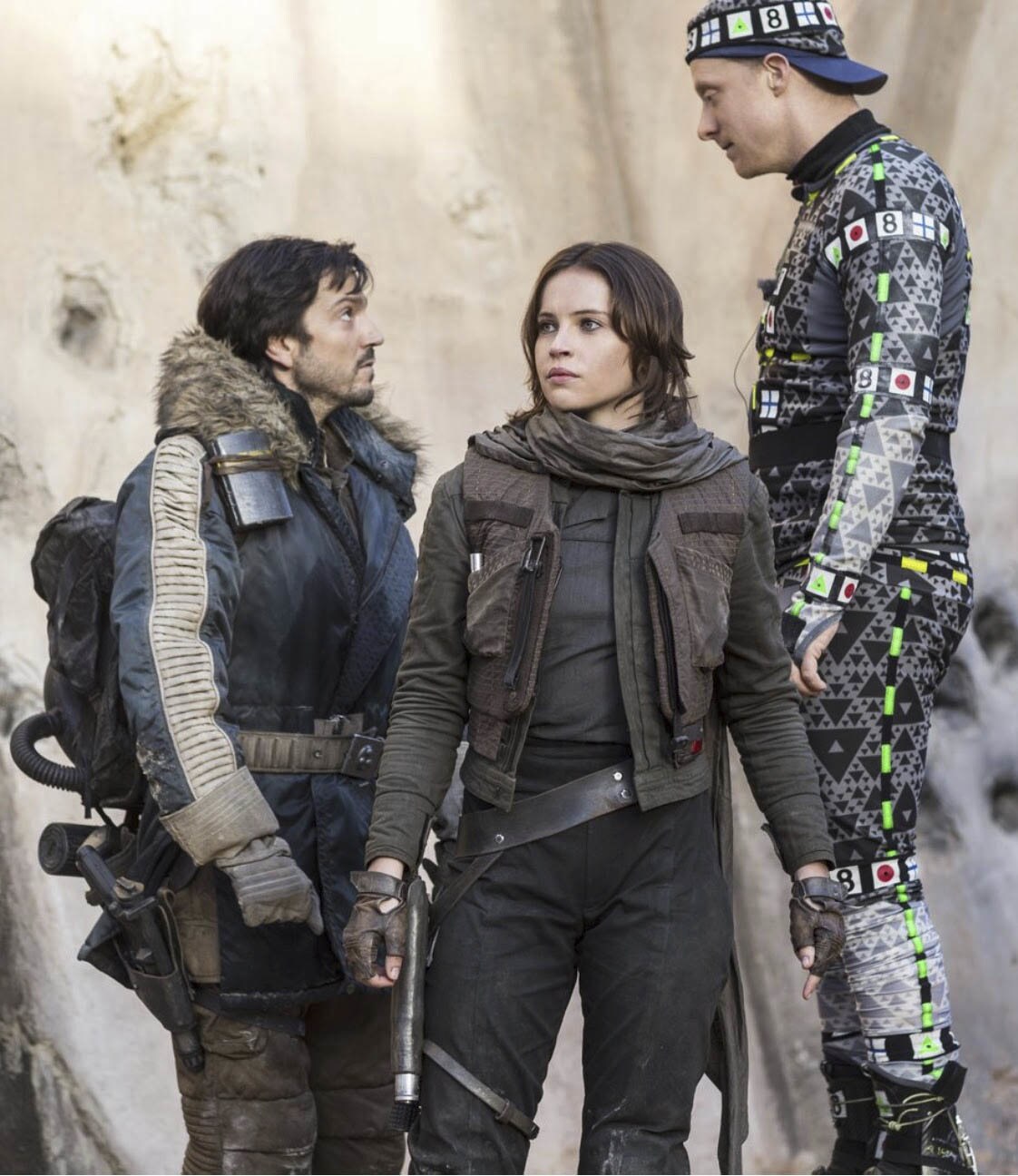 Jyn, Cassian, and K-2SO on the set of Rogue One