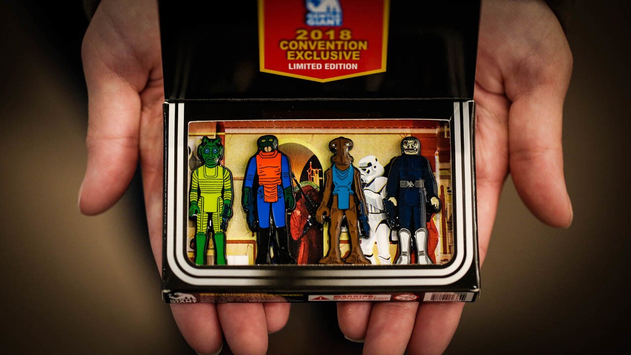 A set of enamel pins modeled after the vintage Kenner Star Wars action figures for the 2018 Star Wars convention.