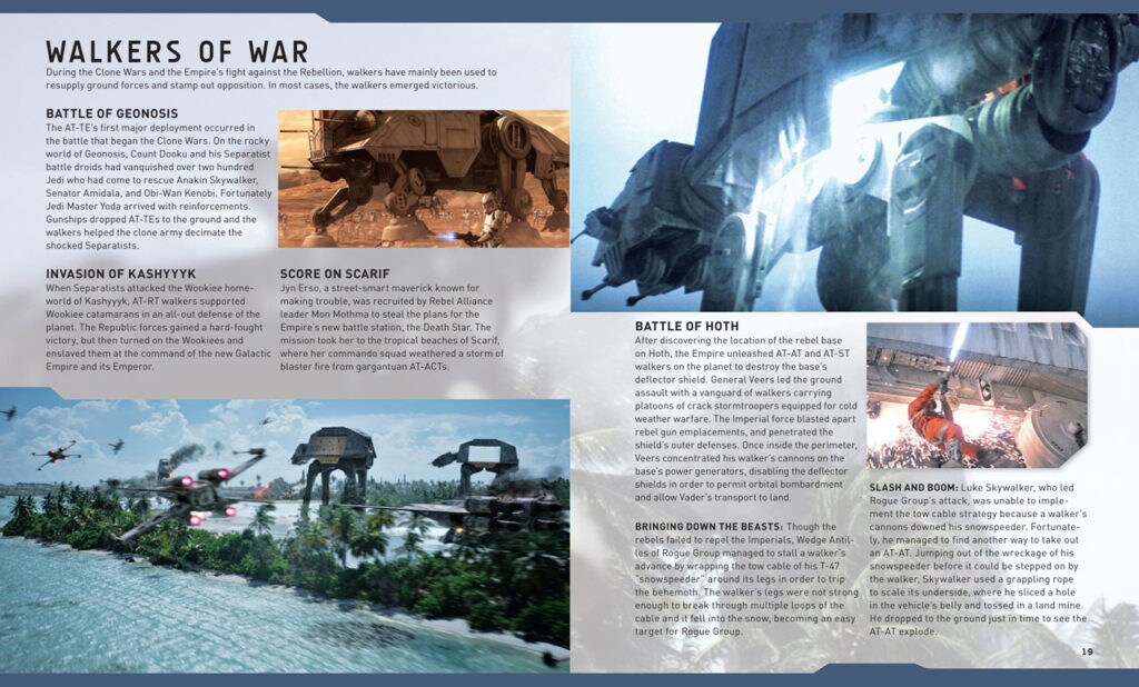 Pages from the IncrediBuilds: Star Wars: Rogue One: AT-ACT Deluxe Book show pictures of AT-TEs, AT-ACTs and AT-ATs along with descriptions of how they were utilized in the various Star Wars movies.