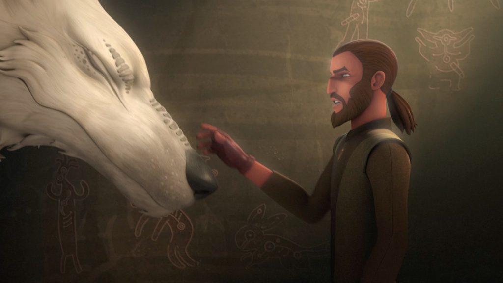 Kanan Jarrus pets a Loth-wolf in Star Wars Rebels.