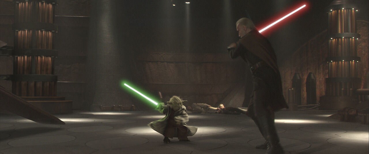 Yoda and Count Dooku in a duel in Star Wars: Attack of the Clones