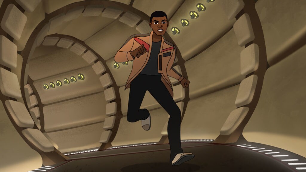 Finn runs down a ship corridor in Forces of Destiny.
