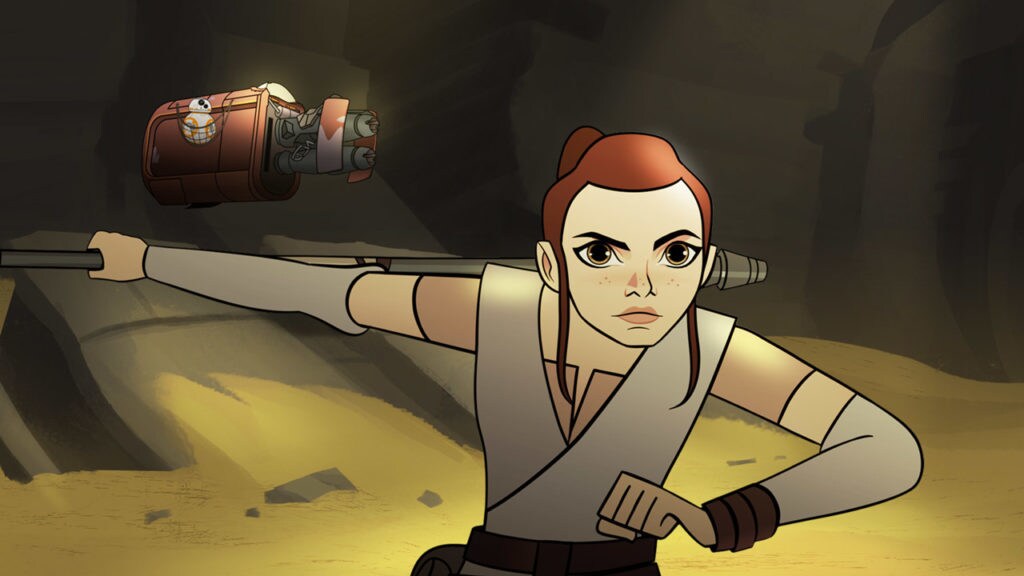 Rey wields her quarterstaff while guarding BB-8 and her speeder in Forces of Destiny.