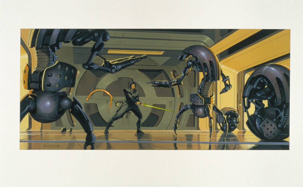 Phantom Menace concept painting of Jedi and droidekas.