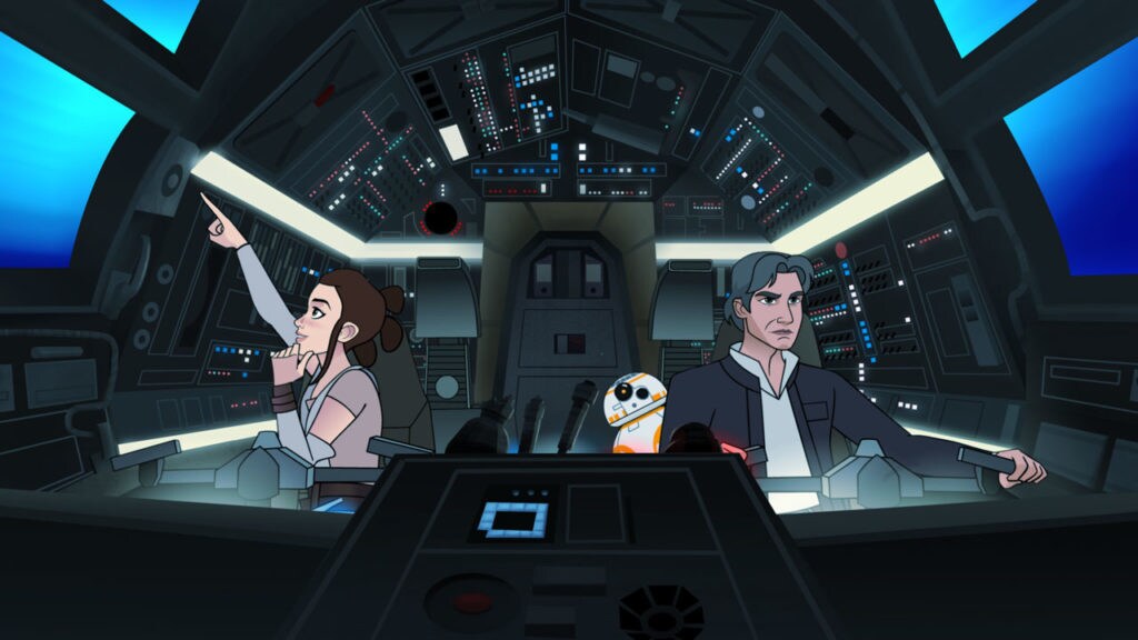 Han pilots the Millennium Falcon with Rey and BB-8 in the cockpit with him in Forces of Destiny.