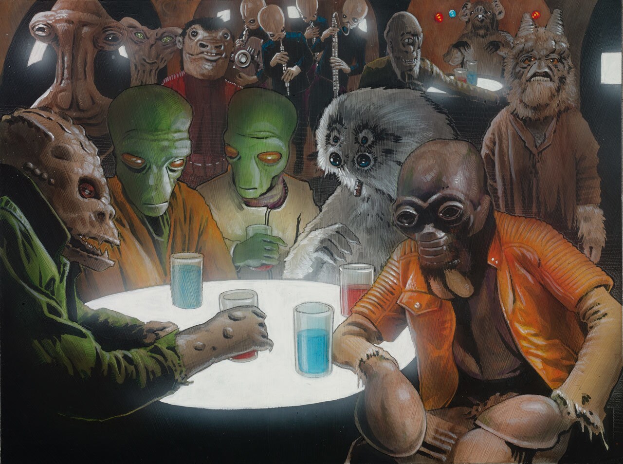 An artist's rendition of the many aliens of the the Mos Eisley Cantina gathered together.