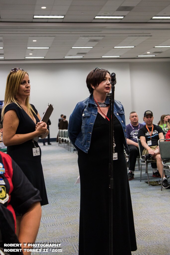 America Red Cross representatives stand to speak about blood drives supported by Star Wars fans.