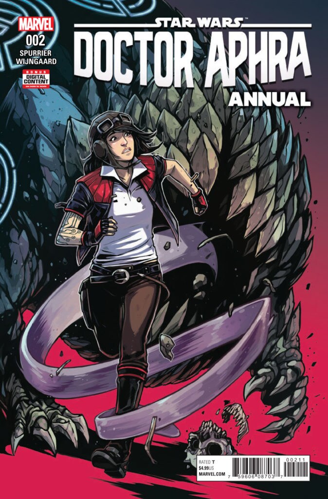 The cover of the comic book Star Wars: Doctor Aphra Annual #002 features Doctor Aphra running from a giant monster whose long, purple tongue is coiled around her leg.