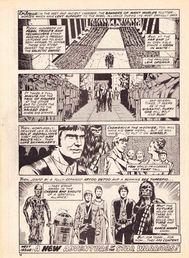 Luke and Han receive Medals of Bravery after their attack on the Death Star in a panel from Star Wars Weekly issue 12.