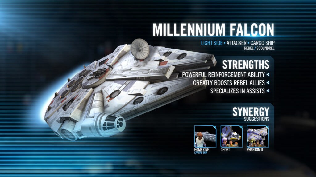 Millennium Falcon and a list of attributes for Star Wars: Galaxy of Heroes.