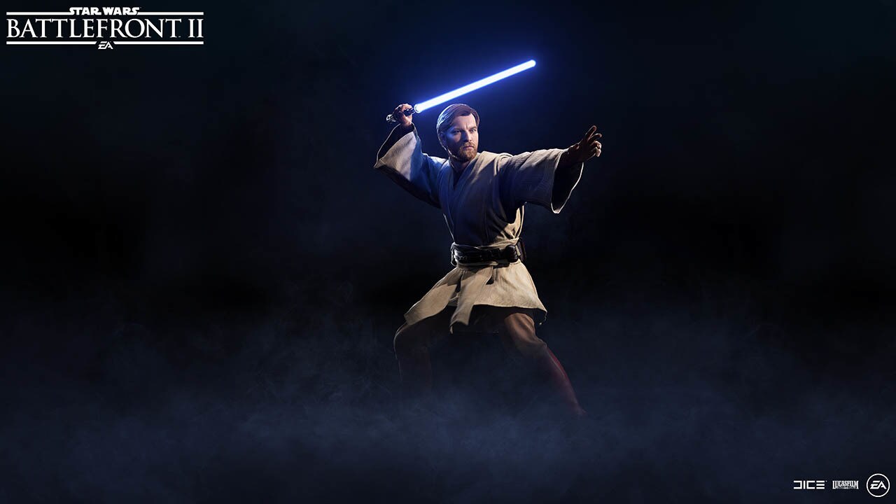 Obi-Wan Kenobi takes a fighting stance while wielding a lightsaber over his head in the video game Battlefront II: Battle of Geonosis.