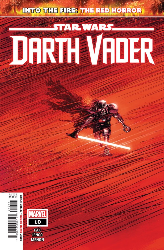 Darth Vader walks through a hail of blaster fire with his lightsaber lit, on the cover of Darth Vader #10.