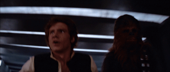 An animated gif of Han and Chewie escaping from stormtroopers on the Death Star.