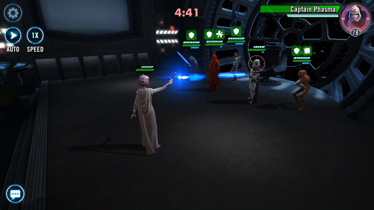 Vice Admiral Holdo points her blaster pistol at Imperials in the video game Star Wars: Galaxy of Heroes.