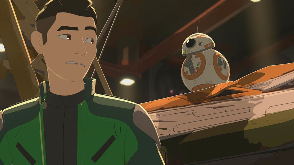 Kaz and BB-8 are shown in a scene from Star Wars Resistance.