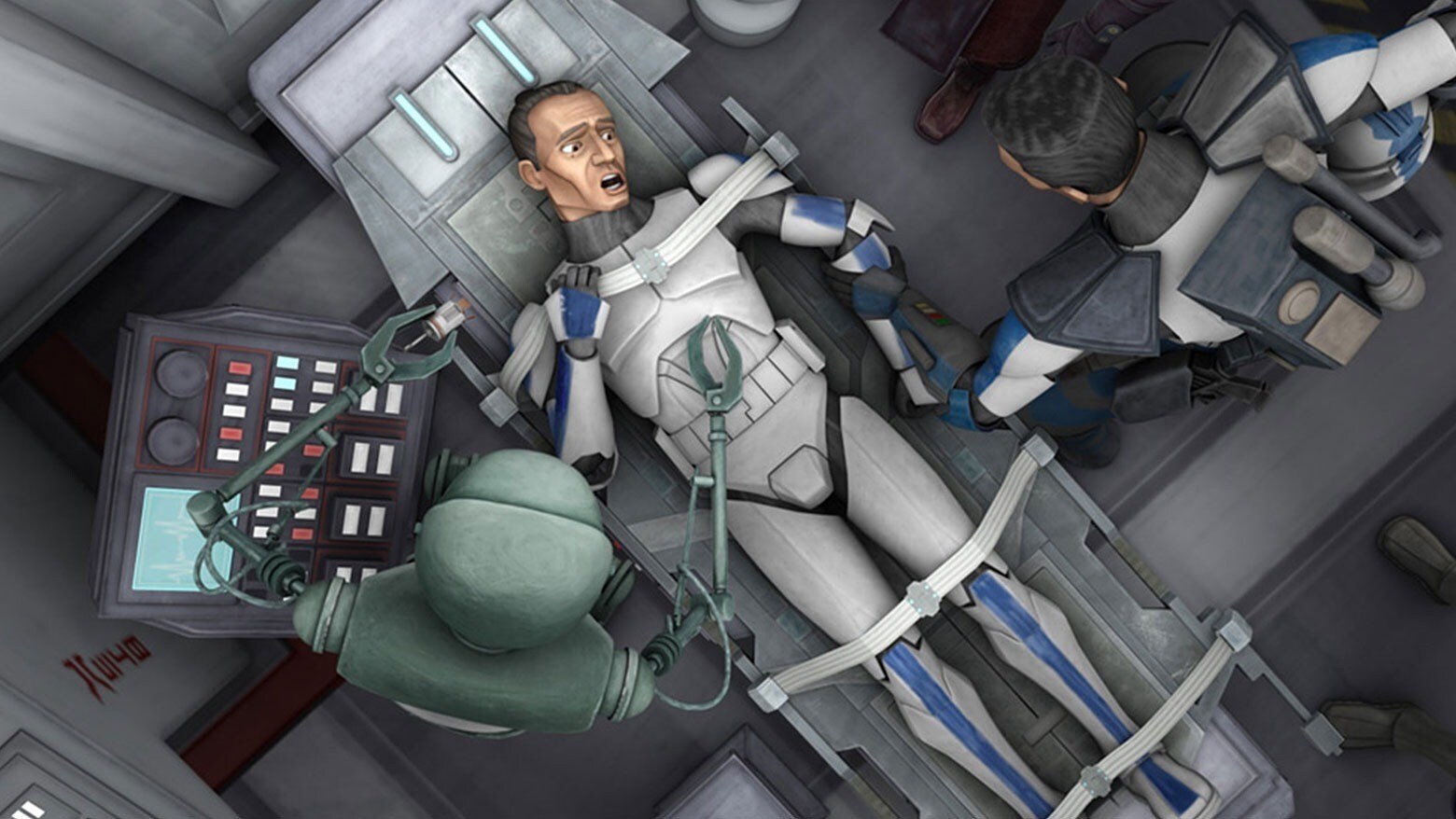 Clone trooper Tup strapped to hospital bed with medic standing over him