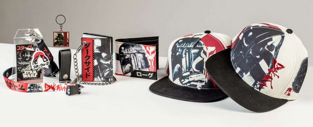 A collection of Star Wars merchandise, including hats, wallets, and keychains, all branded with Darth Vader, Boba Fett, and Japanese symbols.