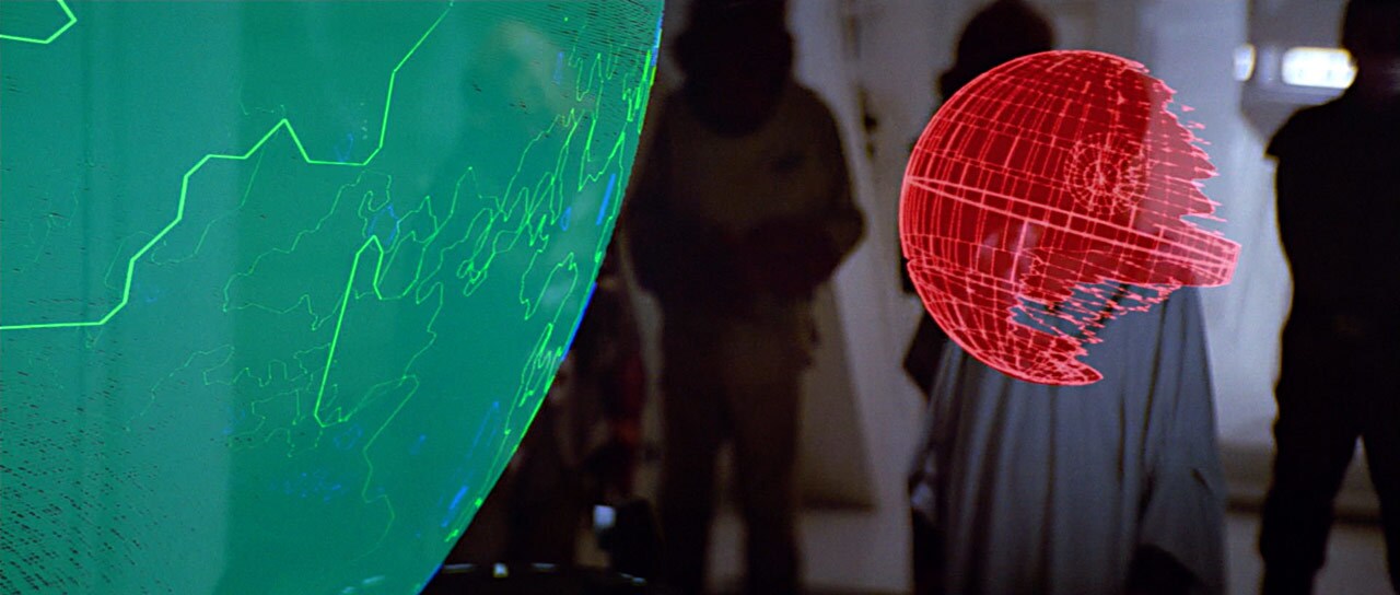 A hologram of the second Death Star orbiting the forest moon of Endor.