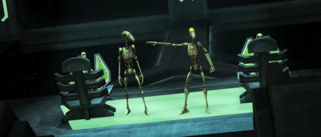 A battle droid points at another battle droid while they guard the helm of a Separatist command ship in The Clone Wars.