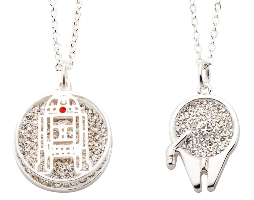 R2-D2 and Millennium Falcon silver-plated pendant necklaces with gems in the center.