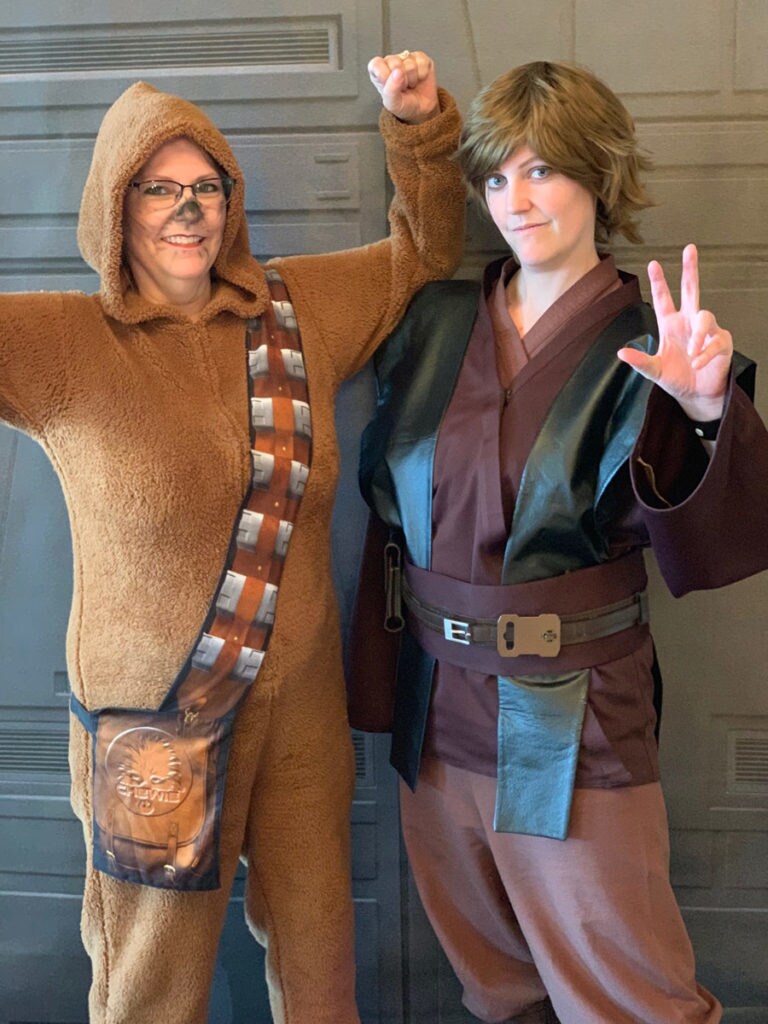Melanie Gerardi and her daughter Genae dressed as Chewbacca and Anakin Skywalker