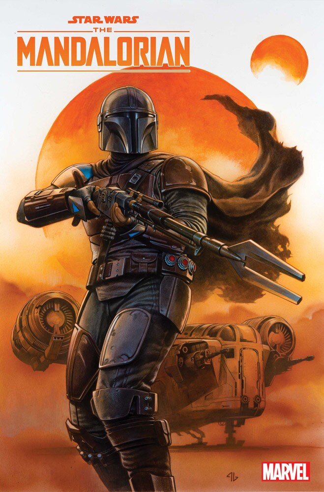 The Mandalorian stands ready for battle in front of the Razor Crest on the cover of Marvel's The Mandalorian #1.