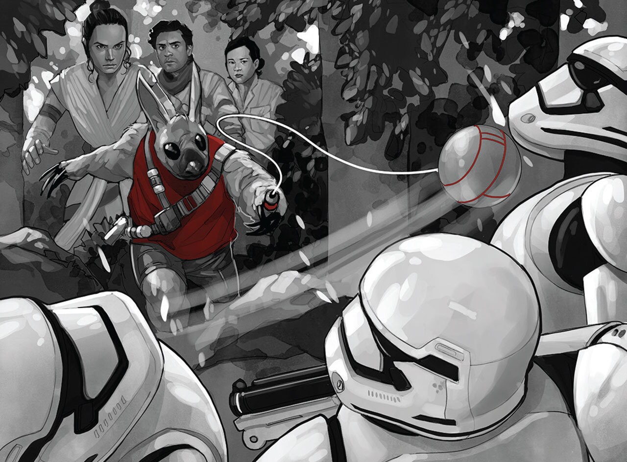 Artwork from Star Wars: Spark of the Resistance, featuring Rey, Poe, and Rose versus stormtroopers