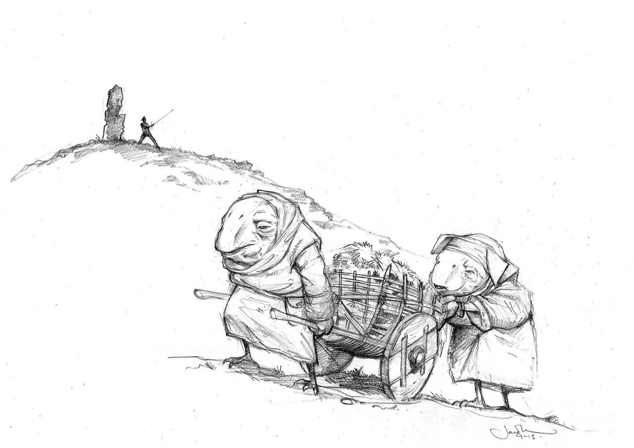 A concept sketch of Caretakers moving a cart up a hill on Ahch-To while a Jedi practices with a lightsaber in the background.