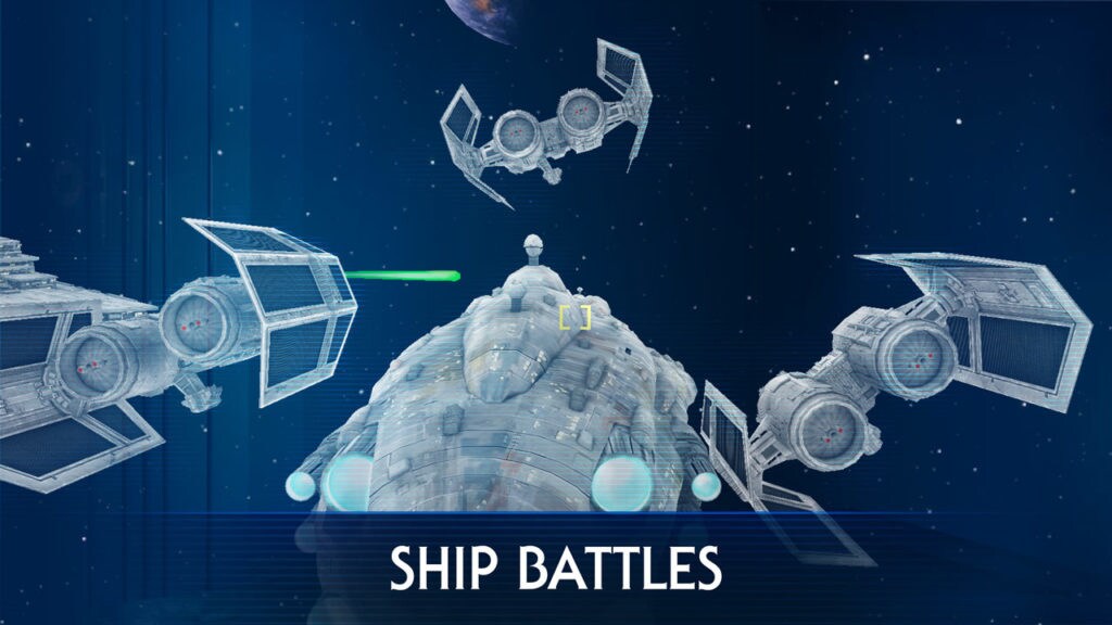 TIE fighters surround a Mon Calamari cruiser in Ship Battles from Star Wars: Jedi Challenges Dark Side Expansion.
