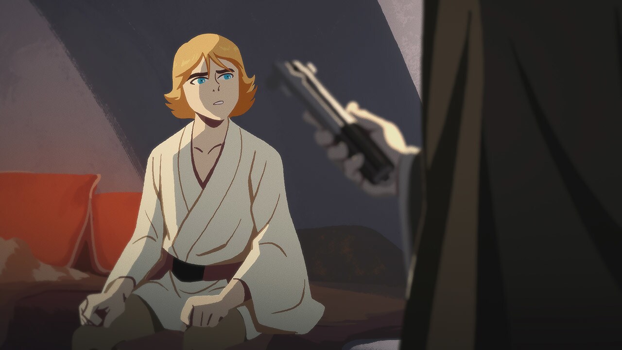 Luke sits and looks toward Obi-Wan's extended hand holding a lightsaber in Star Wars Galaxy of Adventures.