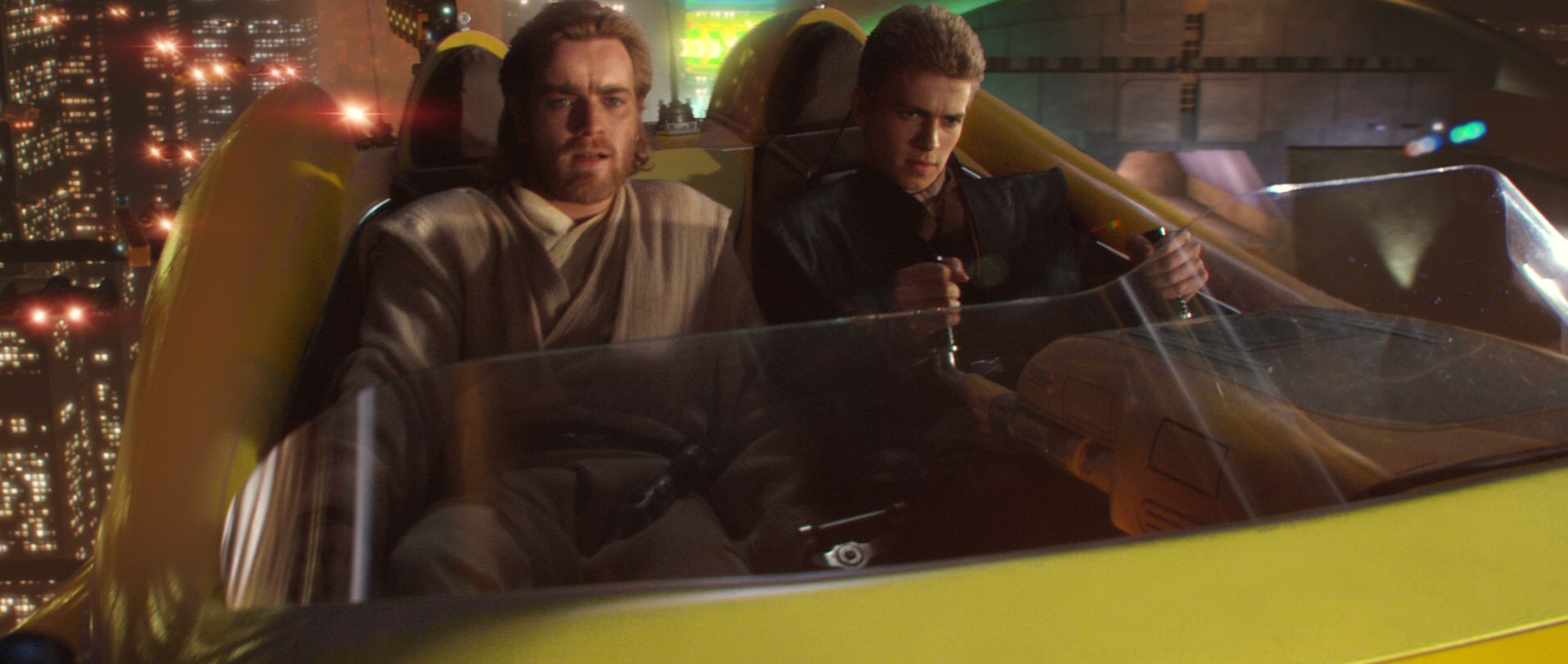 Obi-Wan and Anakin ride in Anakin's airspeeder in Attack of the Clones.
