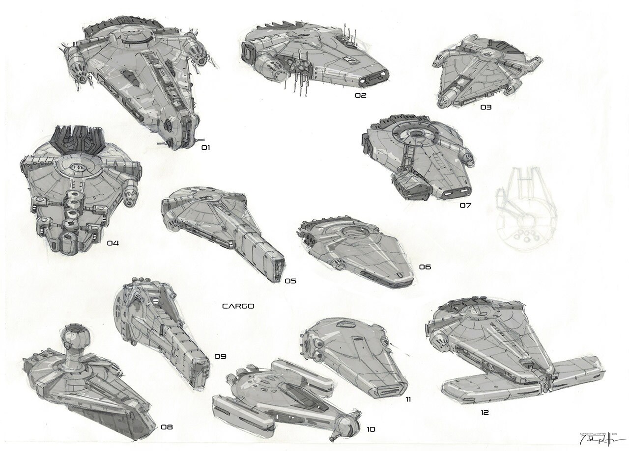 Sketches of the Millennium Falcon for the movie Solo: A Star Wars Story.