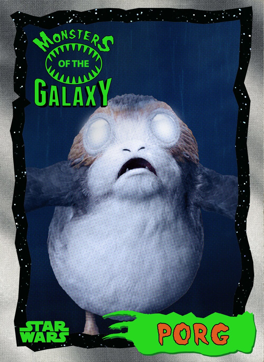 A white-eyed porg, featured on a Monsters of the Galaxy trading card.