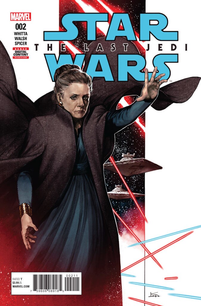 General Leia Organa on the back cover of the comic book adaptation of Star Wars: The Last Jedi by Gary Whitta.