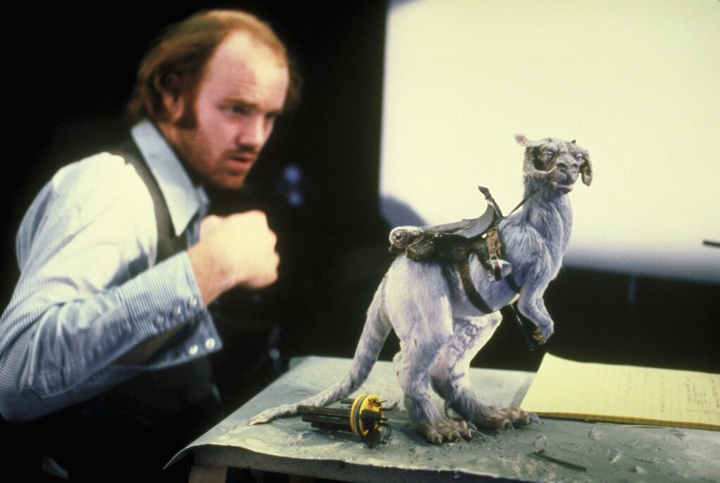 Phil Tippett with a tauntaun stop-motion puppet.