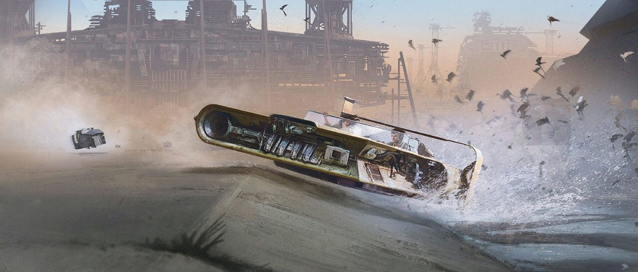 Concept art of Han recklessly driving the speeder.