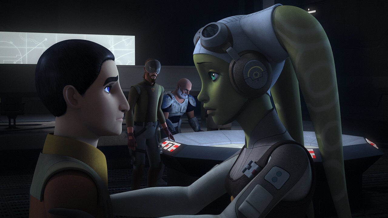 Hera places her hands on Ezra's arms as they speak while Kanan and Captain Rex appear in the background in Star Wars Rebels.