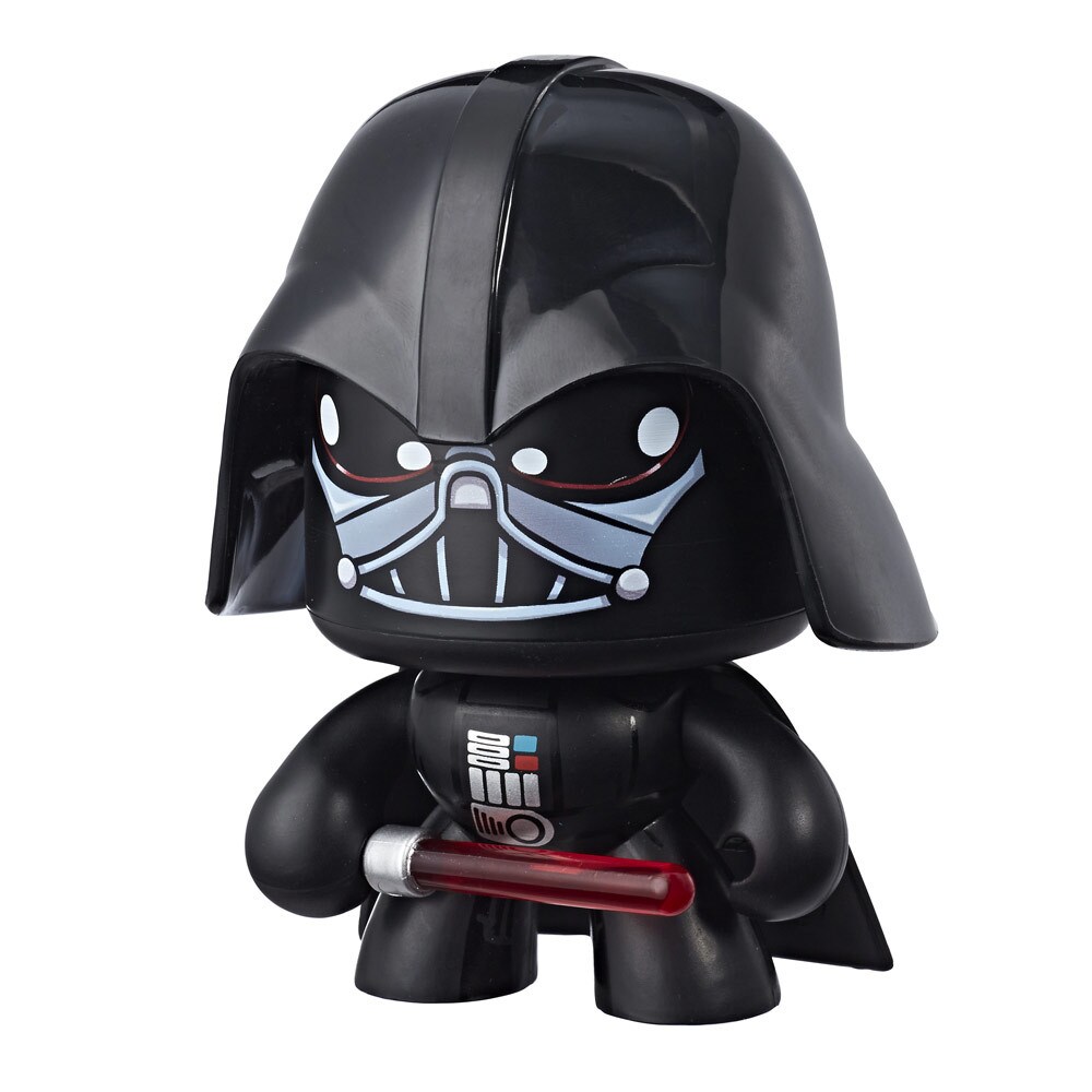 A Darth Vader Star Wars Mighty Muggs collectible figure holds a lightsaber with a mischievous look on its face.