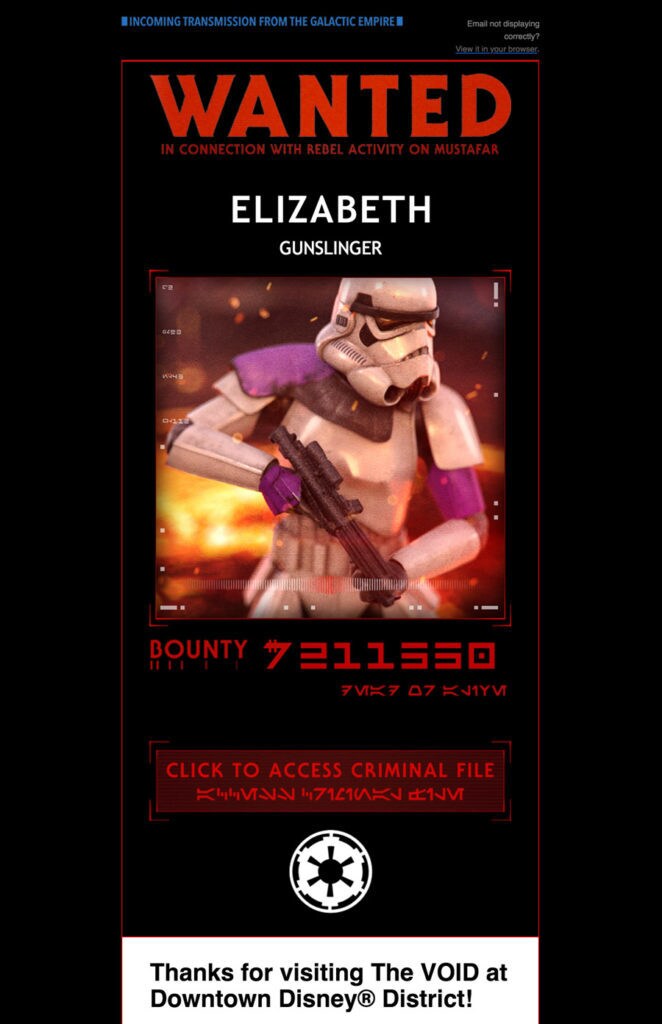A sample Wanted poster from the virtual reality game Secrets of the Empire features a stormtrooper with the name Elizabeth.
