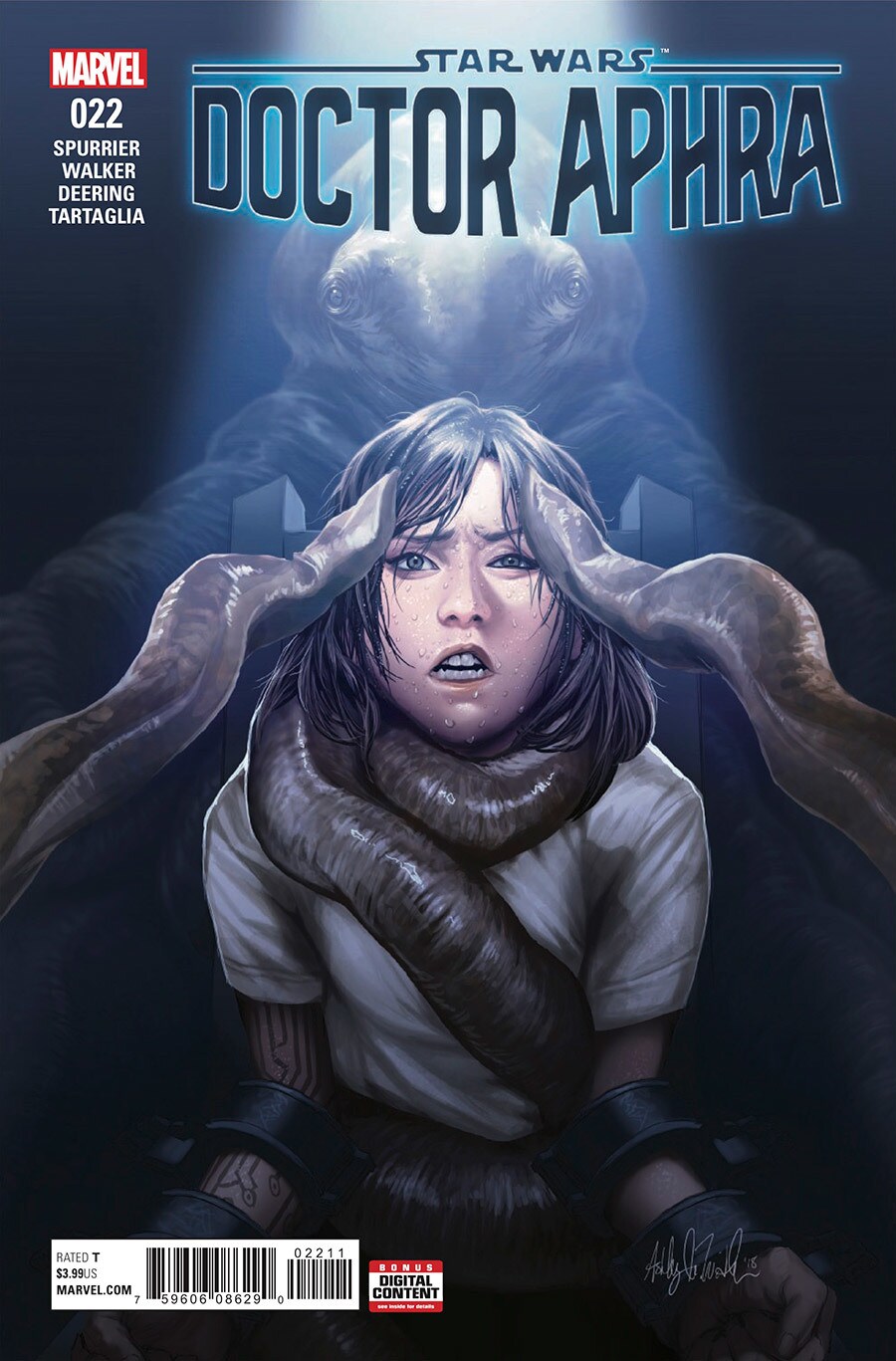 Aphra is held captive by a tentacled being on the cover of Doctor Aphra #22.