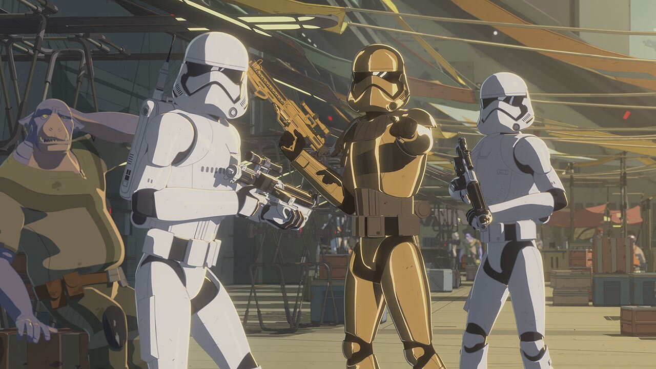 Commander Pyre and two First Order stormtroopers patrolling the Colossus