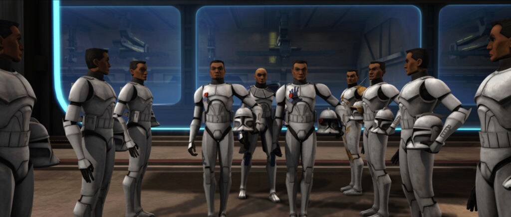 Clone troopers stand at attention.