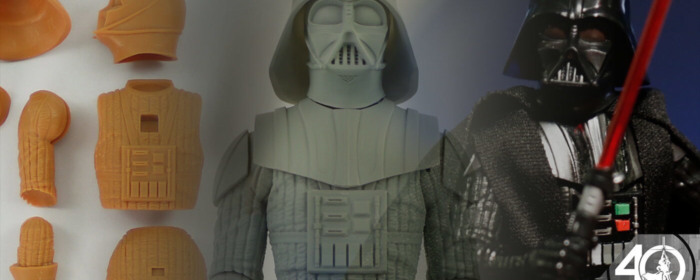 Three stages of assembly of a Darth Vader action figure. On the left there are unpainted and unassembled pieces. In the middle, an unpainted assembled figure. On the right, a completed figure holding a lightsaber.