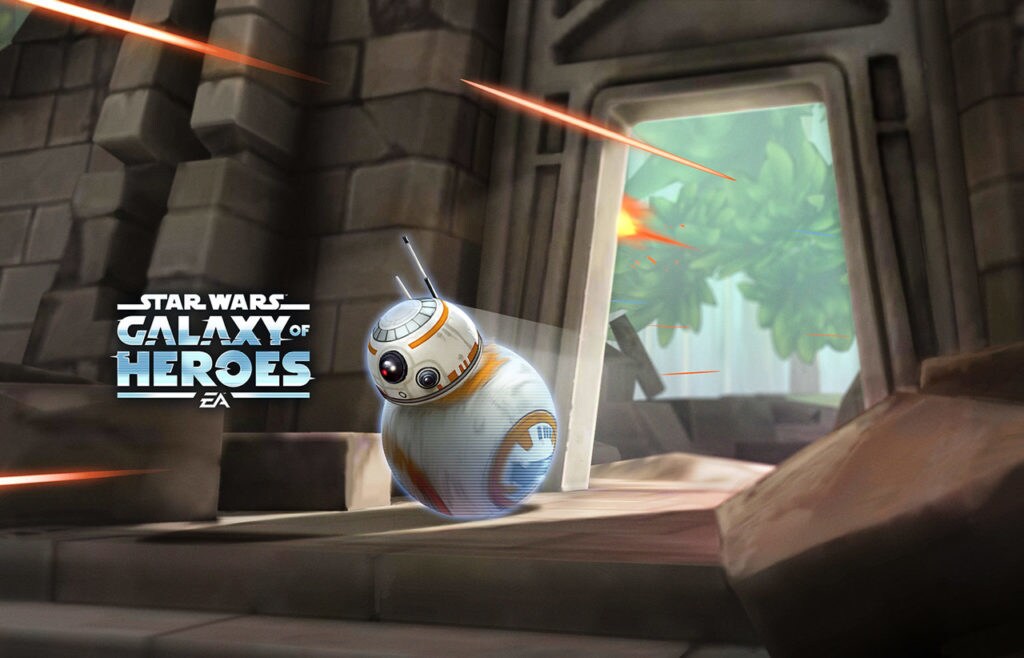 BB-8 speeds through a doorway while dodging laser fire in key art for the mobile game Star Wars: Galaxy of Heroes.