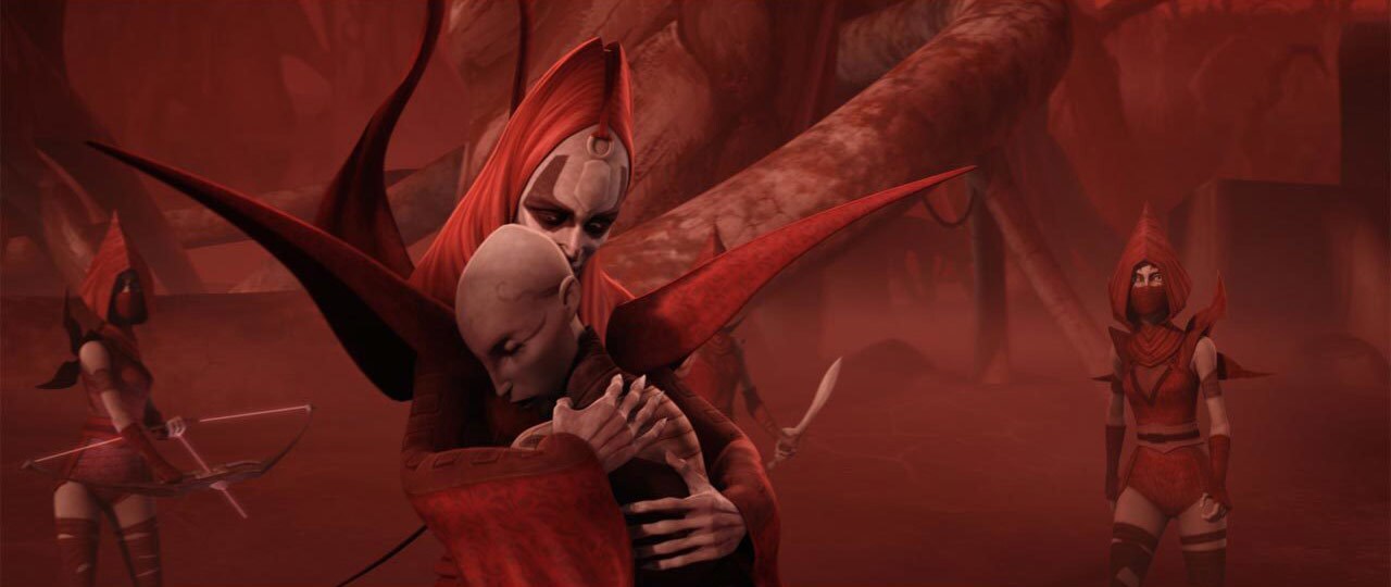 Asajj Ventress receives a hug from a Nightsister while two other Nightsisters look on in The Clone Wars.