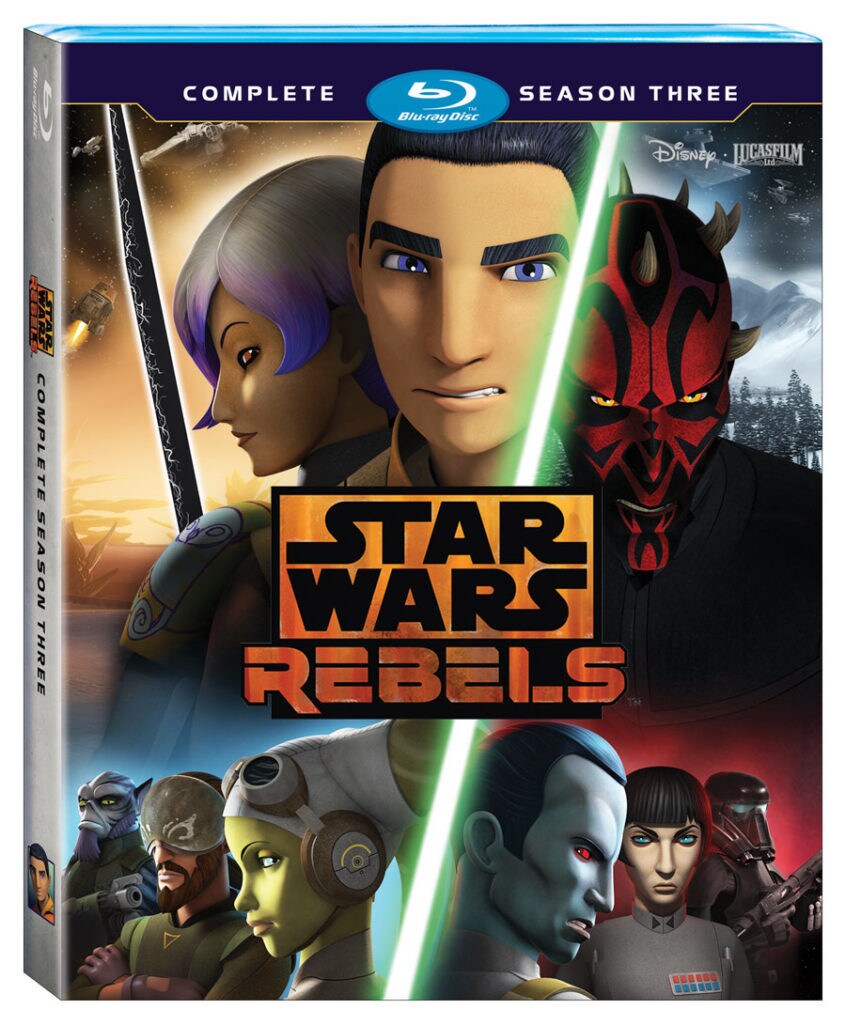 The cover of the Star Wars Rebels Season Three Blu-Ray features Ezra, Maul, Sabine, Kanan, Hera, Zeb, Thrawn, and Arihnda Pryce.