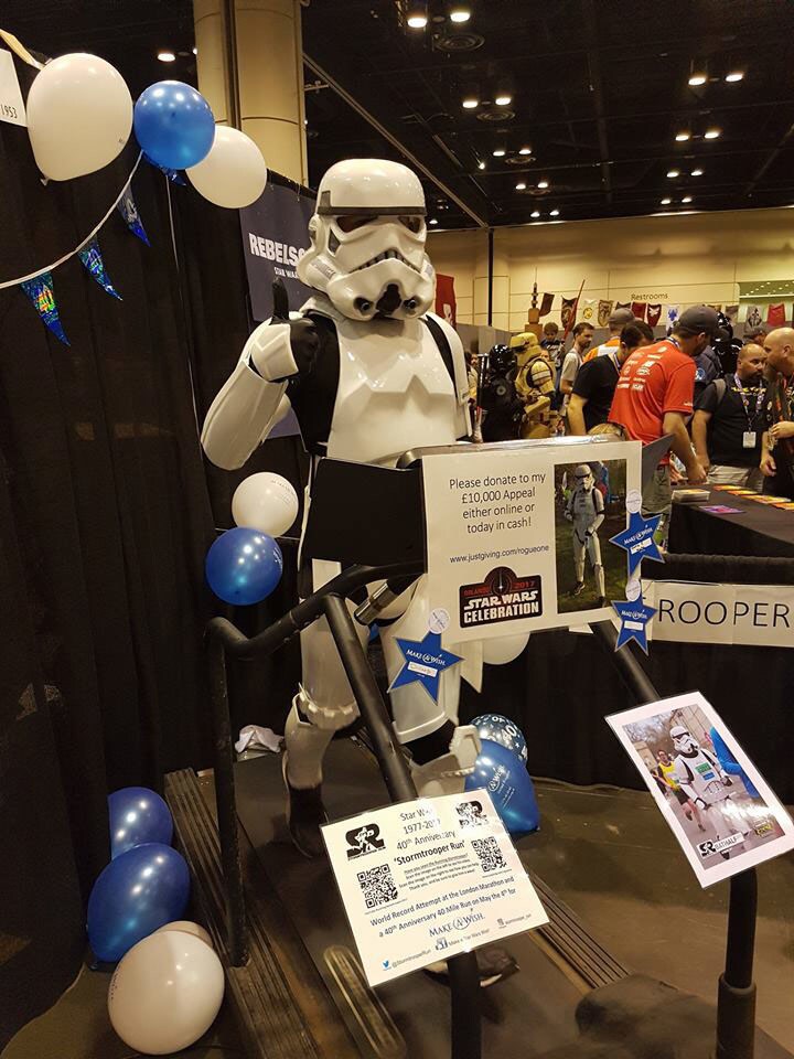 Stormtrooper cosplayer Jez Allinson walks on a treadmill for charity.