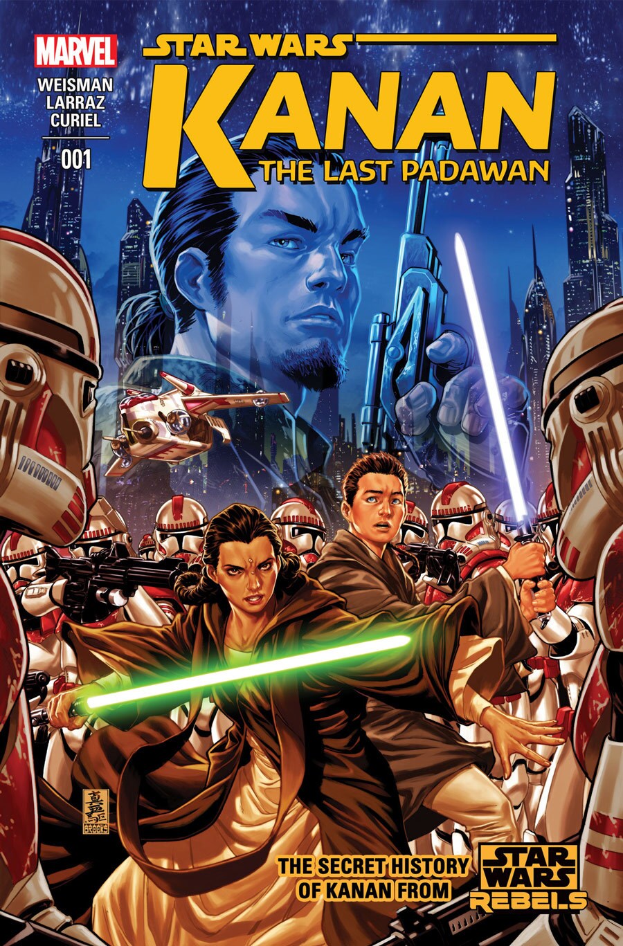 The cover of the first issue of Star Wars Kanan the Last Padawan features Kanan with his Jedi Master surrounded by stormtroopers.